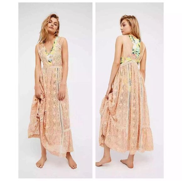 Free People Dresses & Skirts - Free People Lace Sequined Ethereal Shine On Sheer Midi Dress Size M EUC Peach